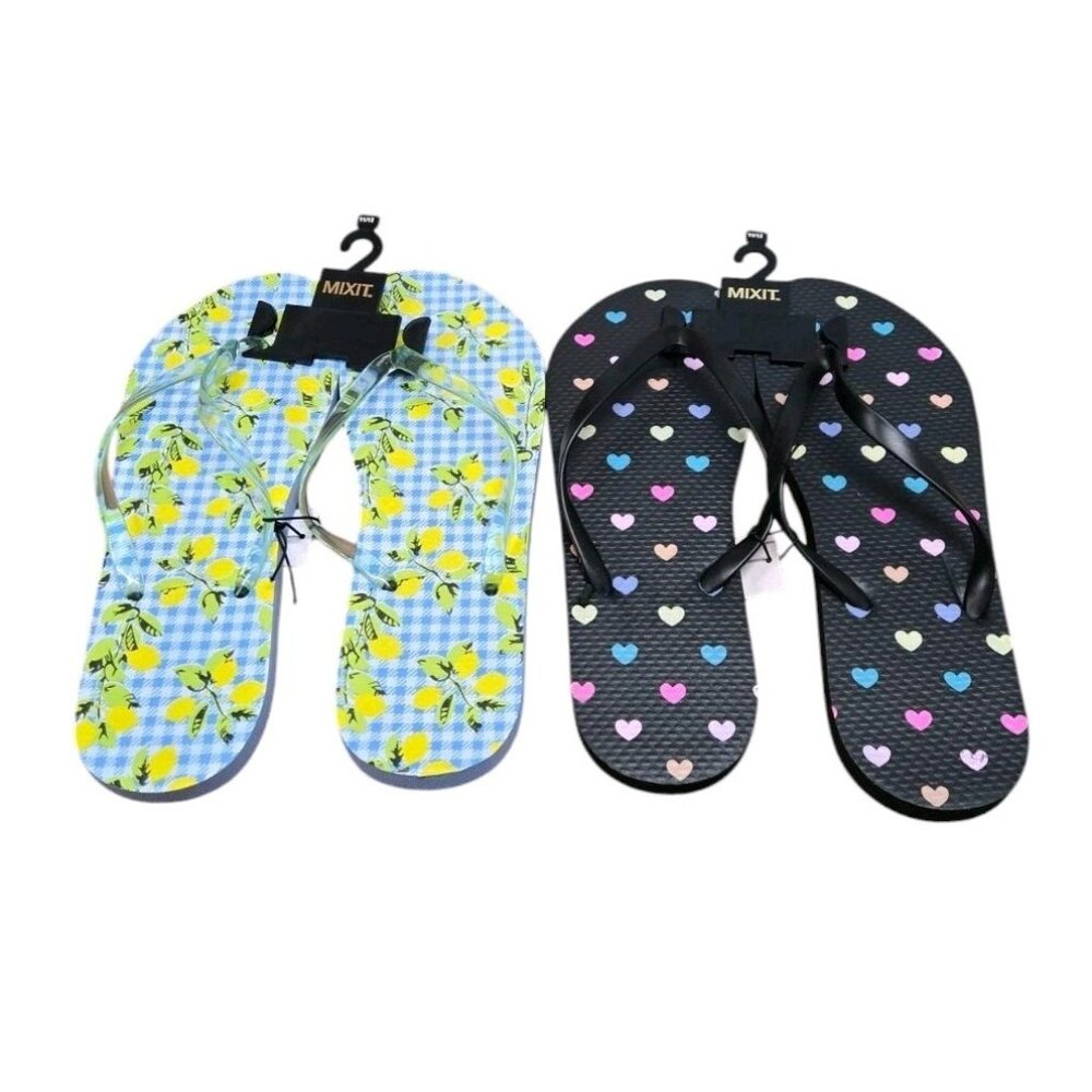Lot Of 2 Pairs Mixit Flip Flops Womens 11/12 Lemon Gingham Black Multi Hearts